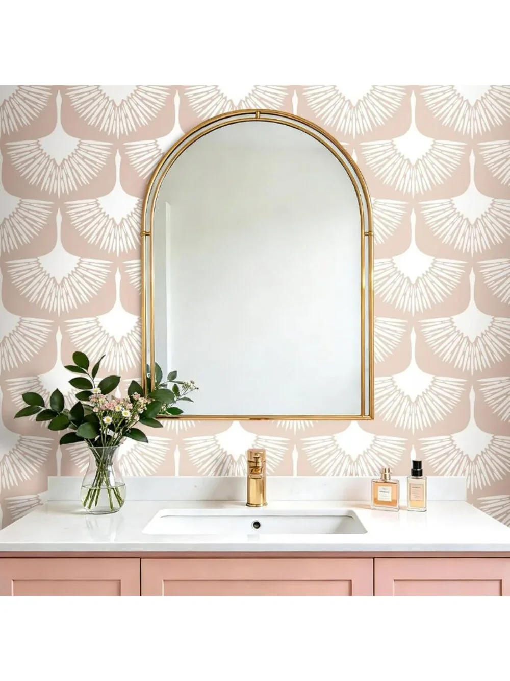 Modern Boho Pink Peel and Stick Wallpaper - Art Deco Crane Design, Renter